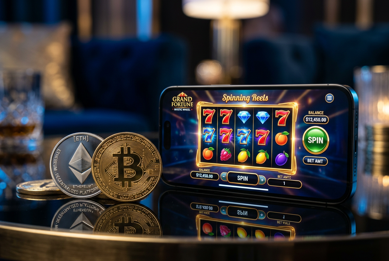 A smartphone showing an online Bitcoin casino interface next to crypto coins.