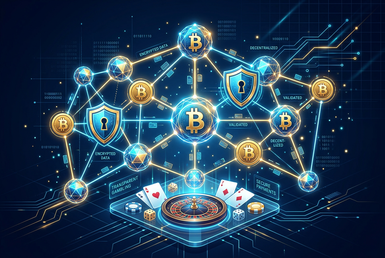 Abstract digital visualization of blockchain security and cryptocurrency logos.