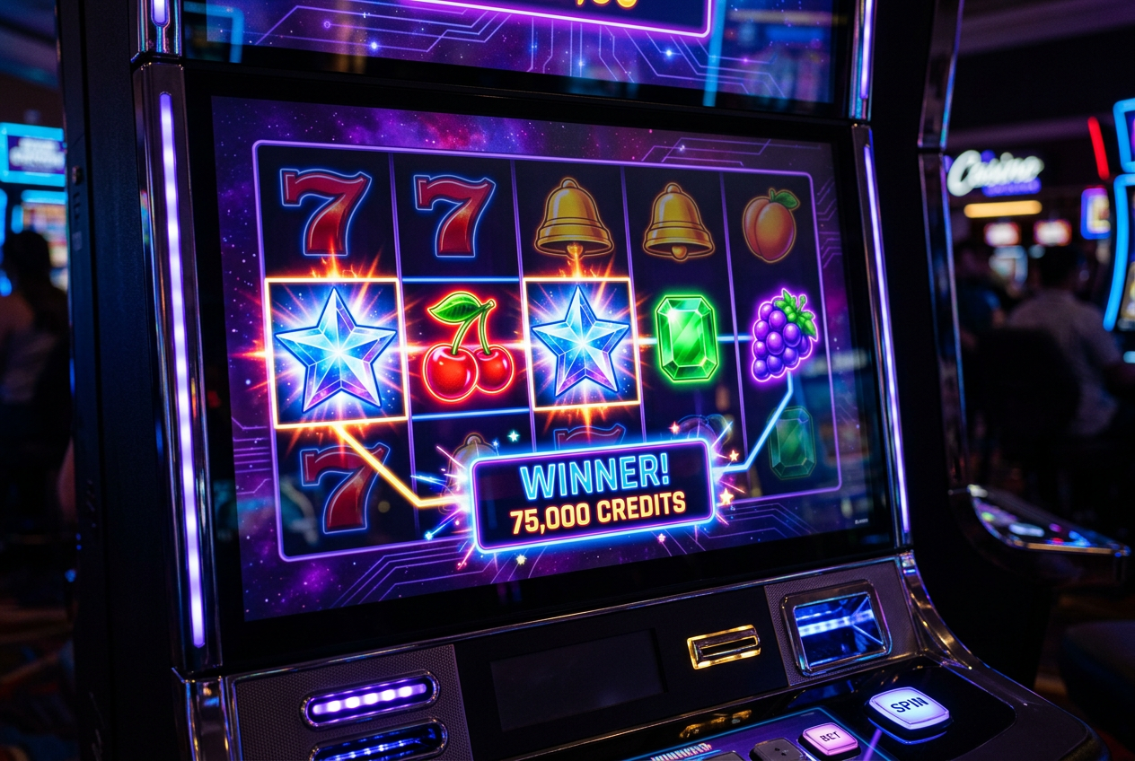 Close-up of a high-end slot machine screen with glowing symbols.