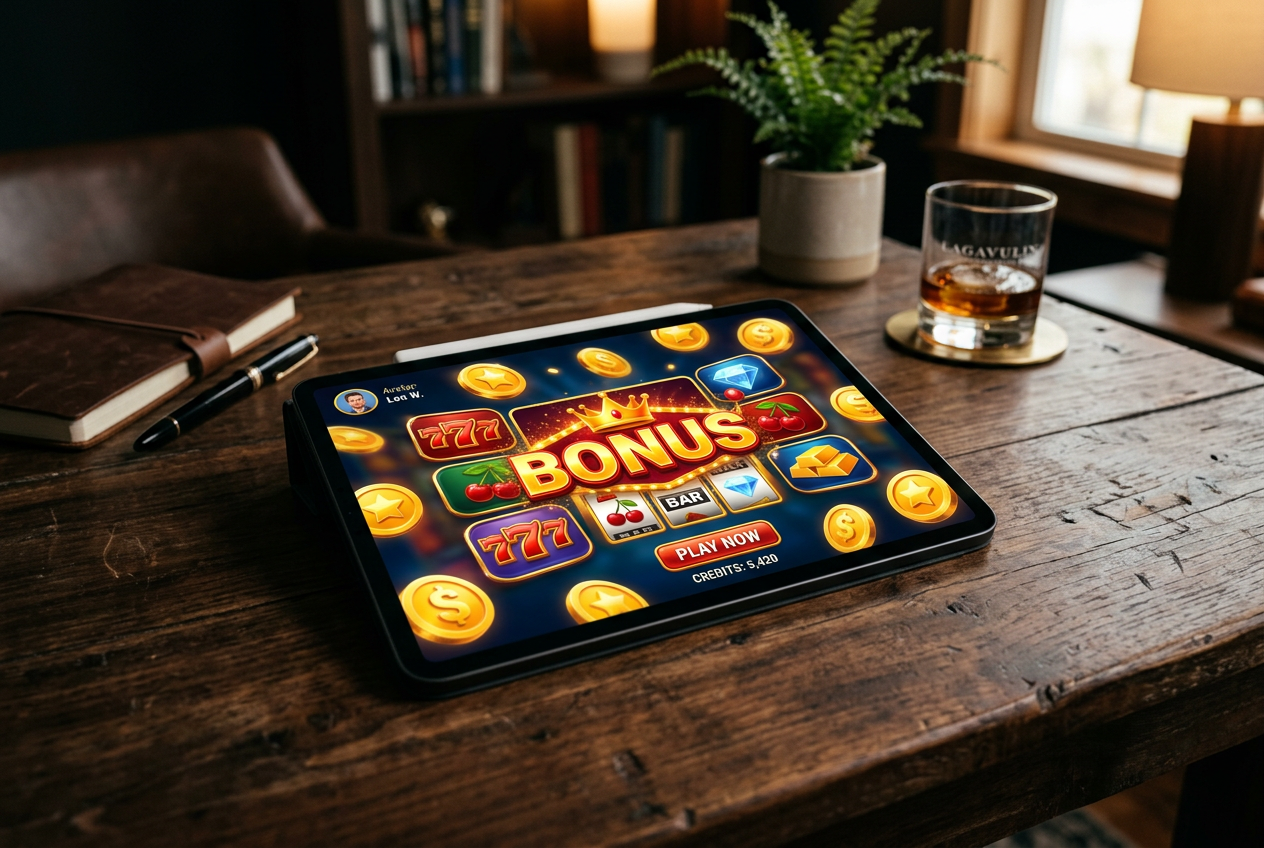 A high-end digital tablet displaying casino game icons and bonus symbols on a stylish desk.