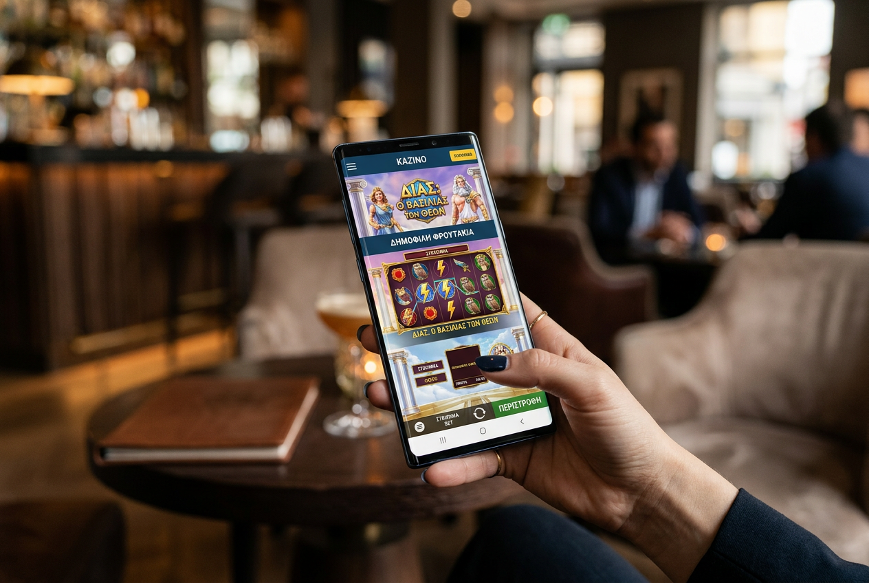 A smartphone showing a casino application with Greek language interface in a lifestyle setting.